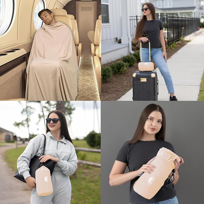 BlueHills Ultra Compact Travel Blanket Premium Plane Pillow Airplane Beige | Soft Airplane Throw, Compact in a Bag 70 X 48 inches Long, Portable & Lightweight, Traveling Essential Gift, Luggage Strap - Image 3