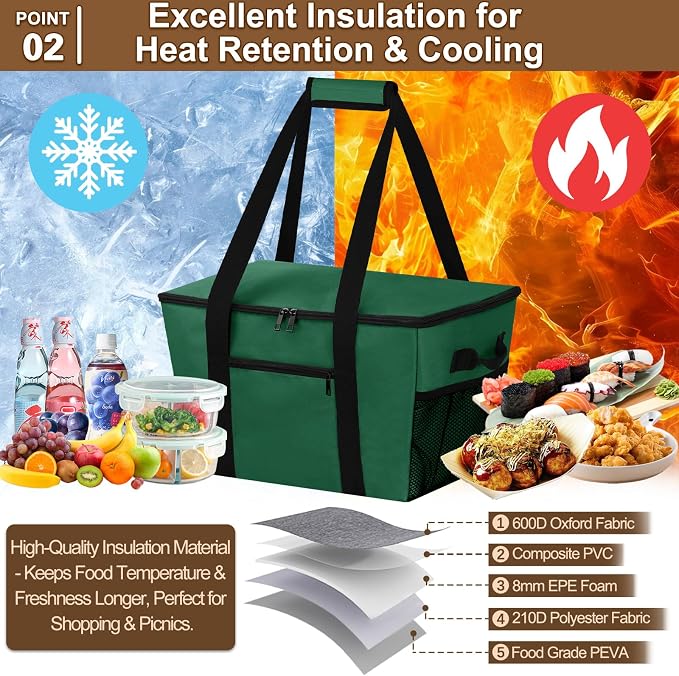 Reusable Grocery Bag – Expandable Insulated Cooler Bag with Bottom Board, Collapsible Insulated Shopping Bag with Zipper & Drawstring, Heavy Duty Tote Bag for Shopping, Delivery, Picnic, Beach - Image 2