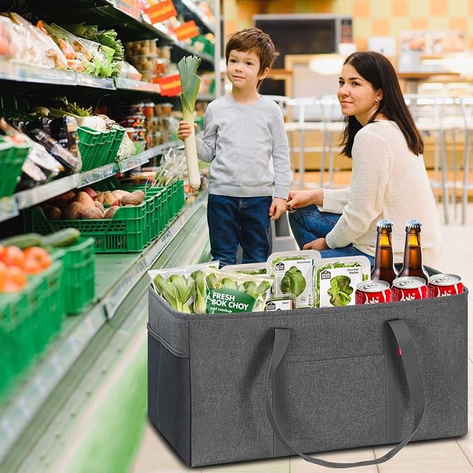 LHZK Standing Extra Large Utility Tote Bag with Metal Wire Frame and the Sides Rinforced, Extra Large Tote Bag with Handle, Reusable Grocery Bags Foldable, Beach Bag, Car Tote (Gray, 26''x15''x13'') - Image 2