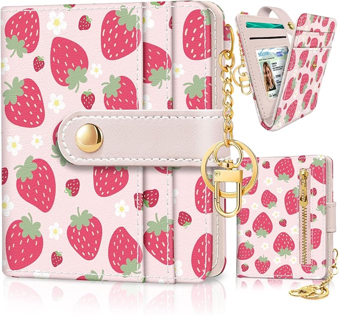 Jogjam Strawberry Rfid Girls Teen Women Wallet, Small Credit Card Holder | PU Leather Bifold Cash Zipper Coin Pocket ID Window, for Female Ladies Teen Girls Girly Gifts by Jogjam