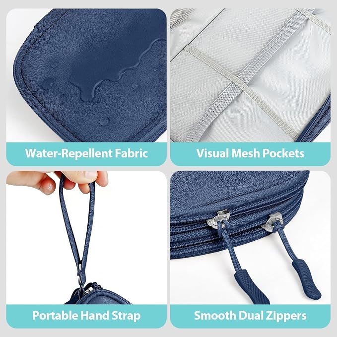 Double Layer Electronics Organizer Bag, Navy Blue | Water-resistant Oxford pouch with padded lining & 8 compartments. Compact 8.27x4.92in size. Includes 8 cable ties. - Image 4