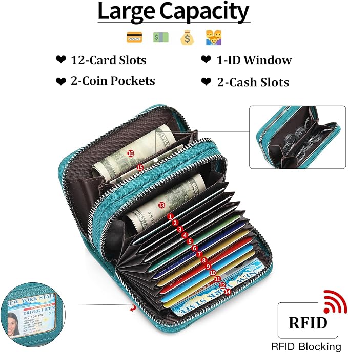 RNIEGA Credit Card Holder Wallet RFID Blocking Leather Small Wallet for Women Double Zipper Wallet with ID Window - Image 3