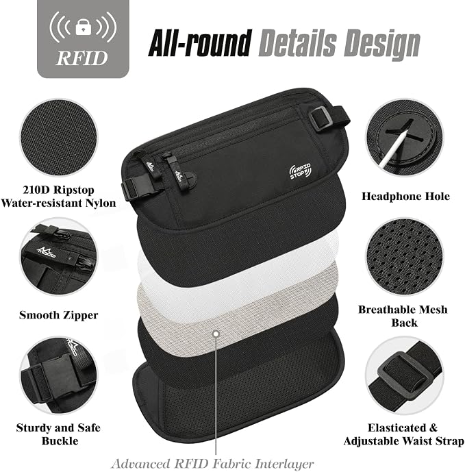 MoKo Travel Money Belt with RFID Blocking, Hidden Passport Wallet, Black | Ultra-thin money belt has moisture-wicking backing and an adjustable strap for 24-38 in waists; fits under clothing. - Image 6