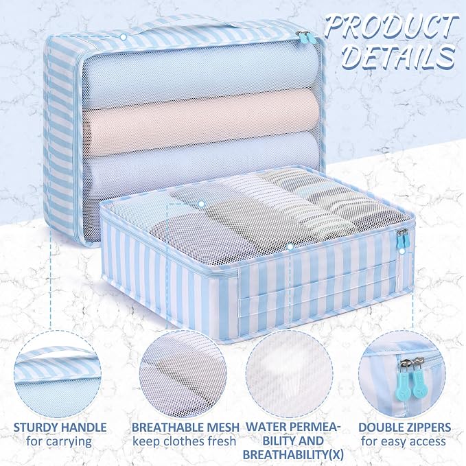 Silkfly 8 Pcs XL Packing Cube for Travel Luggage,Stripe,Blue, White | 17.7 x 13 x 4.7, Same Size, Blue White Stripe Suitcase Storage Organizer Set, Reusable Mesh Clothes Cube for Camp Family - Image 6