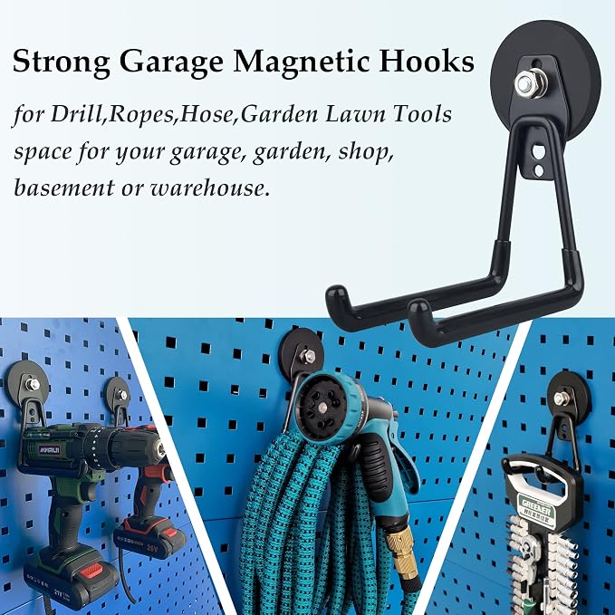 ULIBERMAGNET Magnetic Hooks,Heavy Duty Extra Large Hooks,Power Tool Organizer for Workshop Organization, 2 Pack Tool Hooks for Cordless Drill,Garden Tool,Metal Cabinet,Steel Pegboard(Black) - Image 5