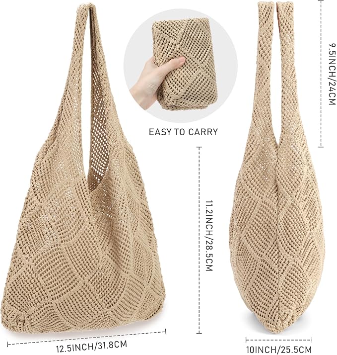 hatisan Crochet Bag for Women, Handmade Knit Beach Tote Bag Summer - Image 4