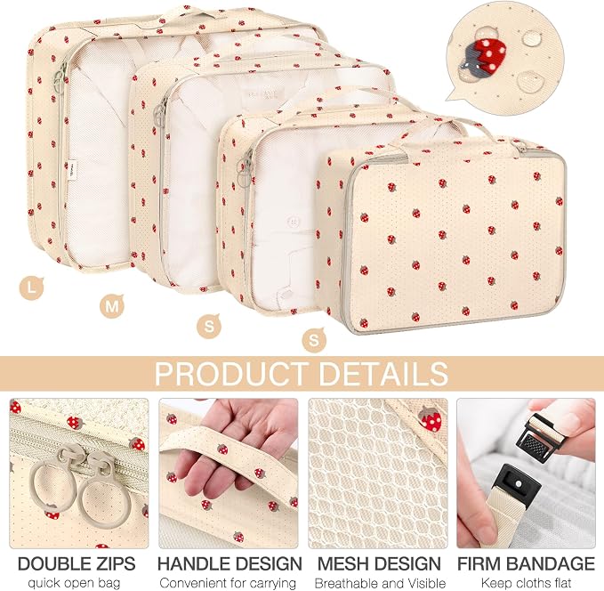 KPX 8 Set Packing Cubes for Travel, Luggage Packing Organizers Accessories Large Toiletries Bag for Clothes Shoes Cosmetics (8Set-Beige Strawberry) - Image 3