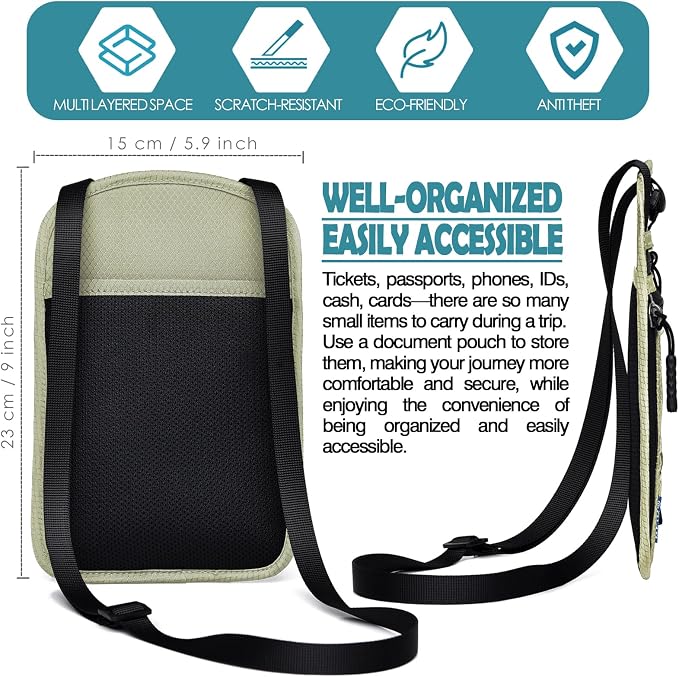 RFID Blocking Travel Neck Wallet–Hidden Passport Holder & Anti-Theft Money Pouch for Men & Women, Lightweight Concealed Travel Organizer with Adjustable Strap Secure Document (Grey Green) - Image 3