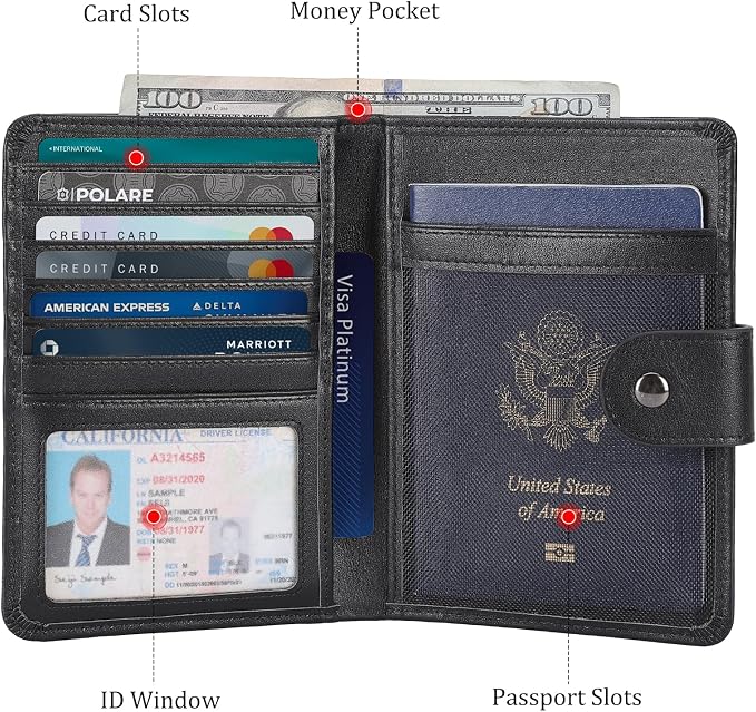 Polare Luxury RFID Blocking Leather Passport Holder Travel Wallet For Men and Women (Black with AirTag Slot(Snap Version)) - Image 4