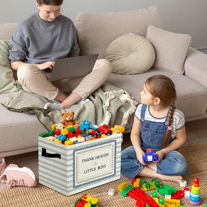 Boys Nursery Motivational Storage Bins Box with Handles Organizer Basket | encouraging affirming foldable basket for organizing, striped collapsible toys clothes for playroom nursery bedroom, 10x14 in - Image 4