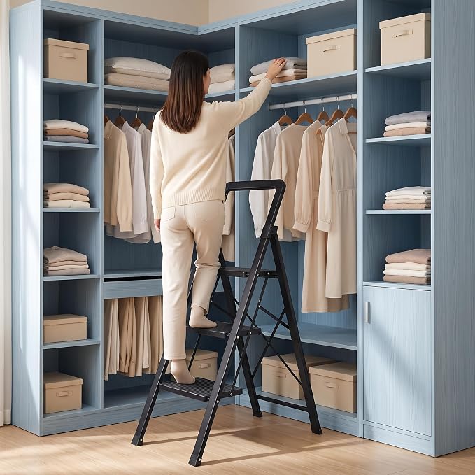 Step Ladder 3-Step Black Finish Folding Ladders | Anti-slip Sturdy Foldable Ladder Step Stool for Kitchen Home Office Libaray - Image 5