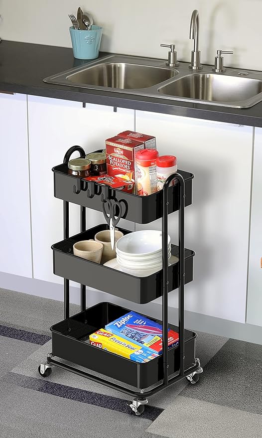 Simple Houseware 3-Tier Heavy Duty Metal Utility Rolling Cart, Black - Image 5