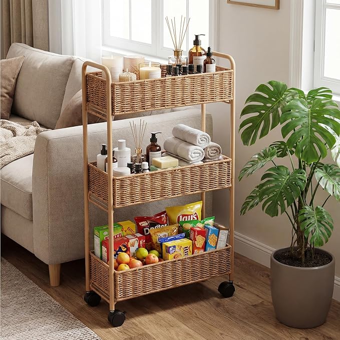 Utility Slim Storage Cart,3-Tier Rolling Kitchen Office Laundry Room Cart,Mobile Shelving Unit Organizer for Living Room Bathroom Baby Diaper Narrow Places (Natural, 3 Tiers-7.1 inch (W)) by FOCHIERF