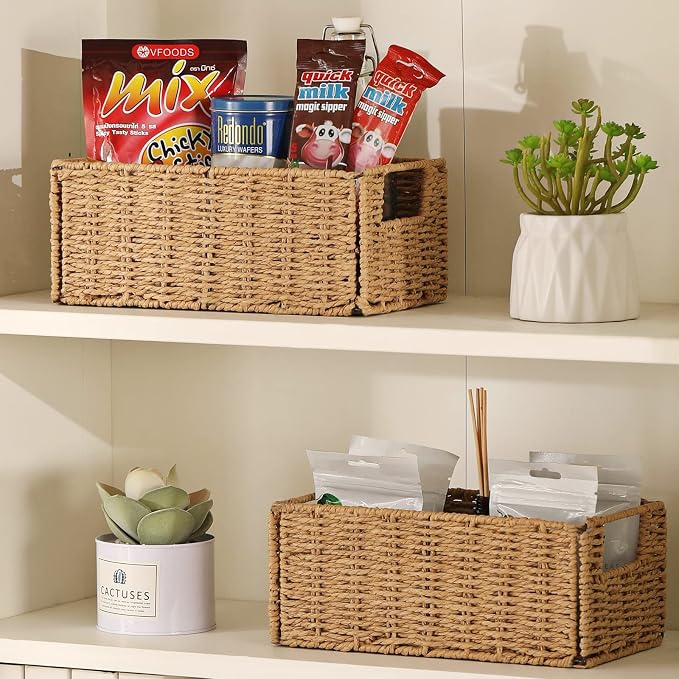 Wicker Storage Basket, Set of 2 Hand-Woven Paper Rope Wicker Basket, Small Storage Baskets for Organizing Toilet Paper Basket, Foldable Large Cube Storage Organizer Bins for Shelves (Natural) - Image 6
