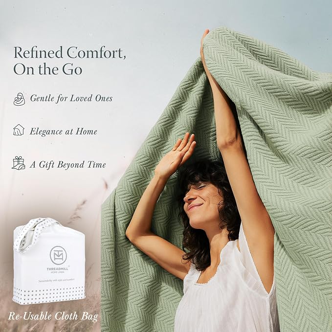 Threadmill Cotton Twin Blanket, Herringbone, Sage Green, 68x92 in | 100% Cotton, Herringbone Pattern, 350 GSM, 68x92 in, Breathable, All-Season, OEKO-TEX Certified, Machine Washable - Image 7