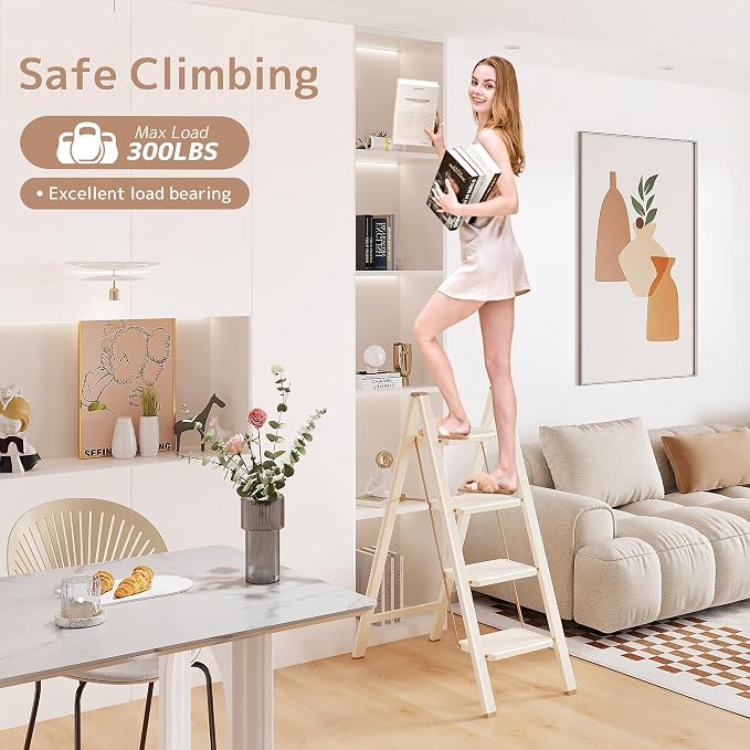 4 Step Ladder, Foldable Step Stool with Wide Anti-Slip Pedal | Portable, Sturdy Carbon Steel, 330LBS Capacity, Easy Storage, Space Saving, for Kitchen, Closet, Cream Chocolate - Image 2