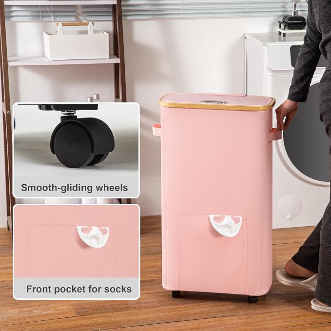 Vincona Laundry Basket with Wheels, Tall Dirty Clothes Hamper on Wheels, Rolling Laundry Hamper with lid for Dorm, Bedroom and Bathroom - Image 4