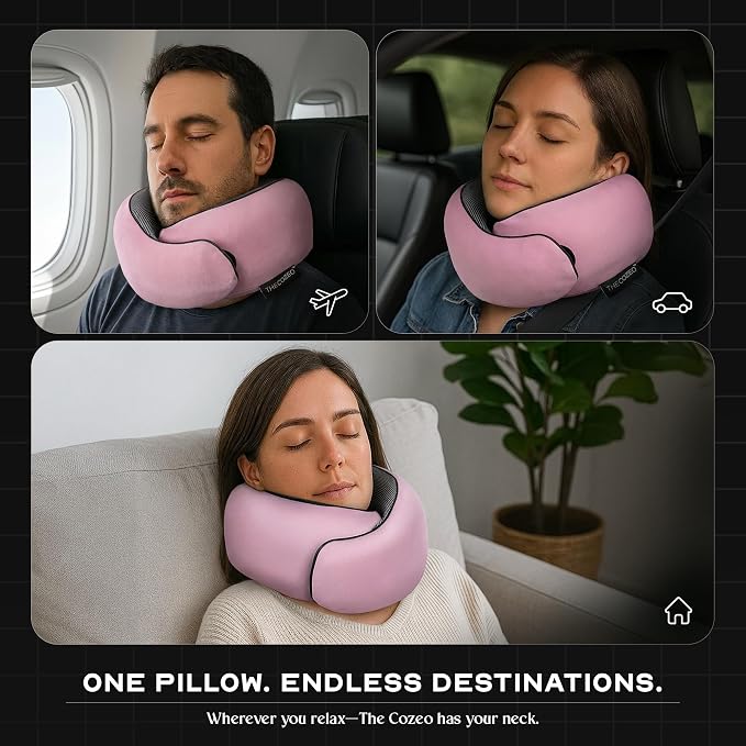 The Cozeo™ Travel Neck Pillow, 100% Pure Memory Foam Airplane Neck Pillow with Eye Mask & Earplug, Ideal for Long Flight, Car Road Trip Essentials & Sleeping | Suitable for Adults & Kids - Pink - Image 5
