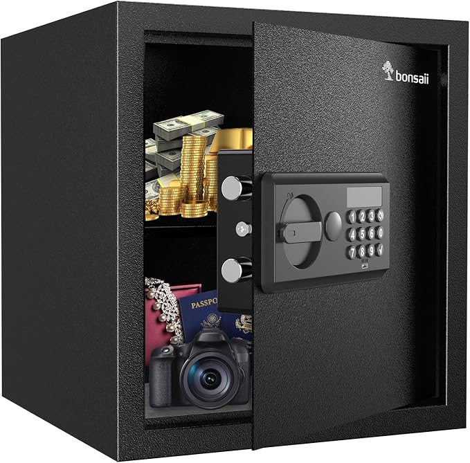 Bonsaii 1.2 Cu. Ft. Security Safe Box, Keypad Lock, Spare Keys & USB Port | Heavy-duty SPHC steel ensures high security for cash, jewelry, and documents. Features passcode, keys, USB Type-C by bonsaii