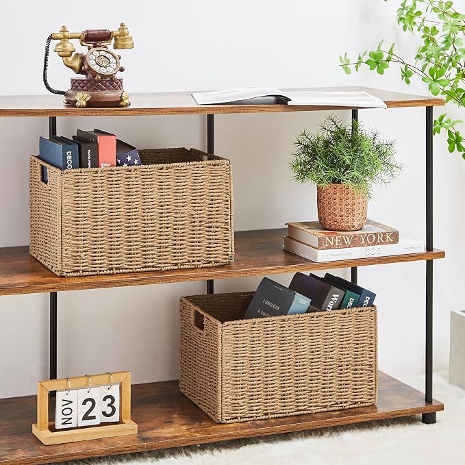 Wicker Storage Basket, Set of 2 Hand-Woven Paper Rope Wicker Basket, Small Storage Baskets for Organizing Toilet Paper Basket, Foldable Large Cube Storage Organizer Bins for Shelves (Natural) - Image 3