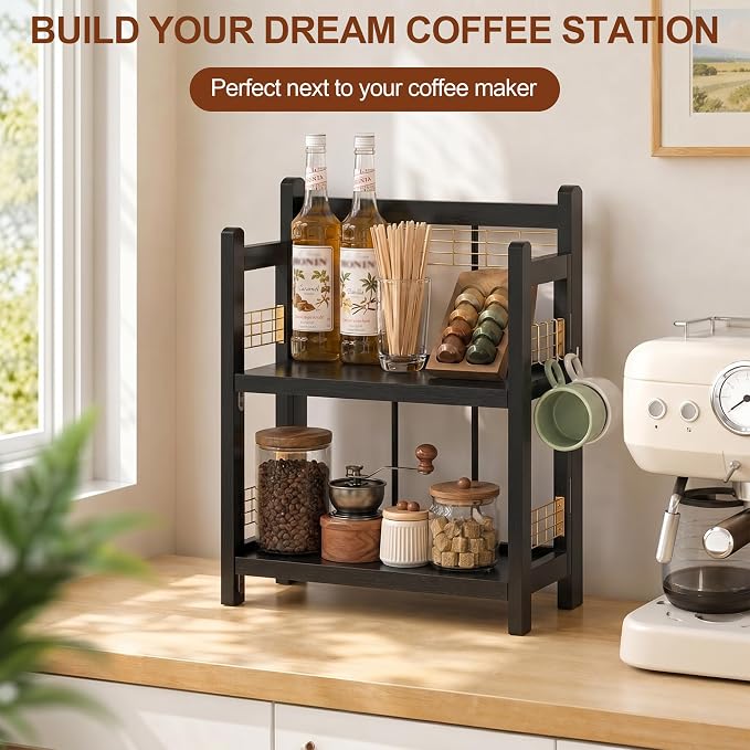 No-Assembly Coffee Bar Organizer, 2-Tier Coffee Station Shelf | Foldable Oak Wood Shelf, Coffee Station Accessories Storage for Syrup & Pods, 3 Hooks for Mugs, Kitchen Spice Rack, Black - Image 3