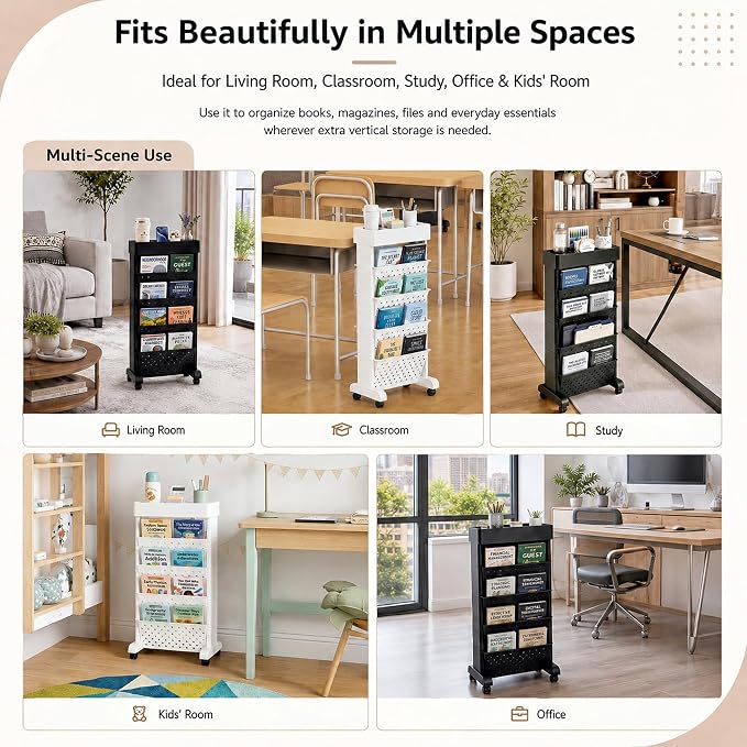 BYFU 5-Tier Movable Bookshelf Cart, 26.0" H, White | Rolling Wheels, File Paper Storage Organizer, Mobile Bookcase, For Home Office Study Classroom - Image 7