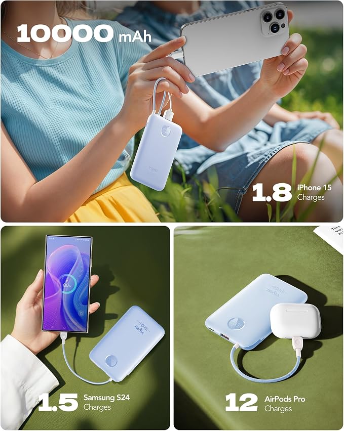 VIYISI 0.58” Slim Portable Charger Small 10000mAh with Built-in USB C Cable | 20W Compact Power Bank Fast Charging Battery Pack Travel Essential for Vacation Outdoor iPhone 17 16 15 Samsung Android-Blue - Image 7