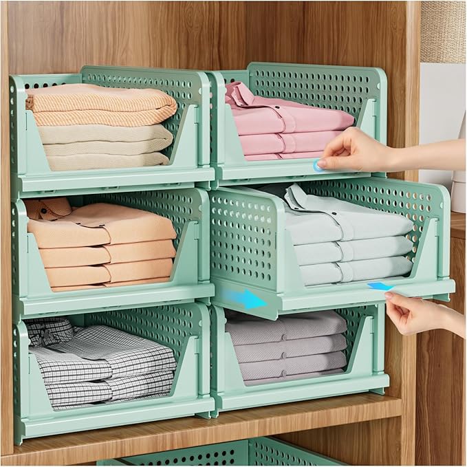 SNSLXH 5 Pack Closet Organizer Basket, Closet Organizers and Storage, Green | Stackable & Foldable Closet Storage Bins for Bathroom Laundry Room Wardrobe Storage, Space-Saving Clothes Drawer Organizer by SNSLXH