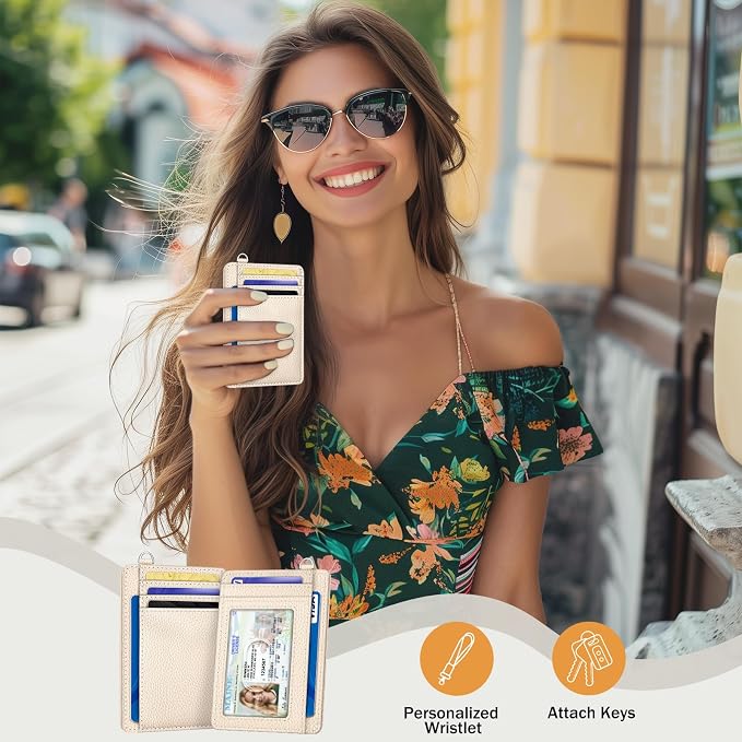 Yonlevres Credit Card Holder Women Slim RFID Blocking Wallet Small Beige | Front Pocket, Handy, RFID Blocking, Woman Girls Ladies Gifts, D-ring for Keychain,Thin Mini Card Case, ID Window, PU Leather - Image 2