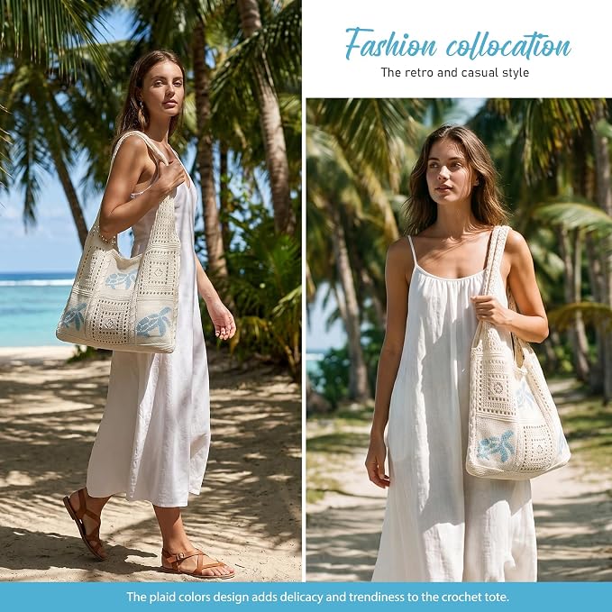 hatisan Crochet Bag for Women, Handmade Knit Beach Tote Bag Summer - Image 2