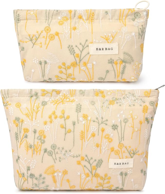 SOIDRAM 2 Pcs Makeup Bag Large Cosmetic Bag Toiletry Bag Makeup Pouch Travel Bag Organizer Cute Makeup Brushes Aesthetic Accessories Storage Bag for Women Wildflower Embroidery by SOIDRAM