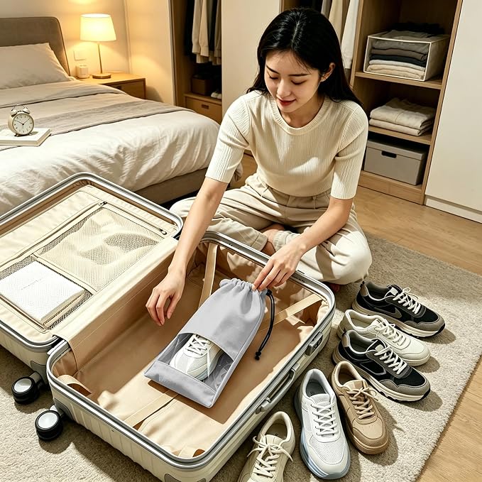 4 Pcs Single Shoe Bags for Travel, Drawstring Shoe Bags with Clear Window | 9.1"x17.7" Fits Most Shoes, Dust Resistant, Washable & Reusable, Travel Shoe Storage Bags for Men & Women - Image 9