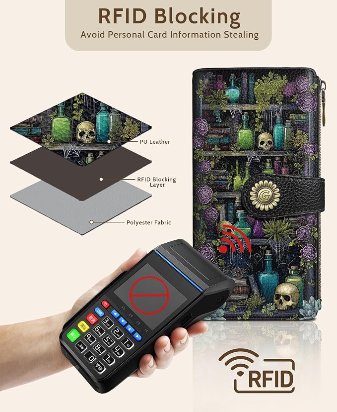 GIANCOMICS Goth Book Shelf Womens Wallet RFID, Credit Card Holder Bifold | Billfold, Cute Cash Purse, Travel Zipper Coin Pocket, Compact Clutch, PU Leather, ID Window, 11 Card Slots, Ladies Gift Woman - Image 4