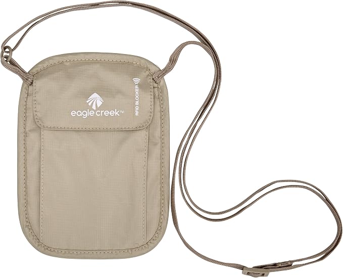 eagle creek RFID Blocker Neck Wallet - Durable and Lightweight Travel Passport and Valuables Organizer with Hook and Loop Closure and Adjustable Neck Strap, Tan by EagleCreek