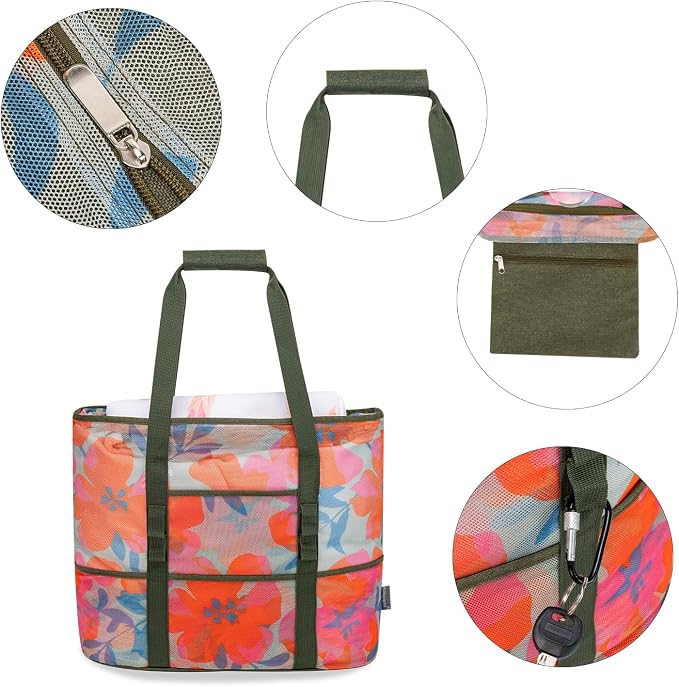 KABAQOO Mesh Beach Bag, Extra Large Beach Bags with 9 Pockets & Zipper Waterproof Lightweight Beach Tote for Beach/Pool Trip - Image 3