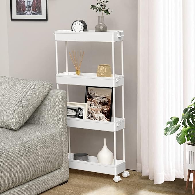 Slim Storage Cart 4 Tier,Bathroom Organizer Rolling Utility, Mobile Shelving Unit Slide Out for Office, Kitchen, Laundry Room & Narrow Places,White - Image 7