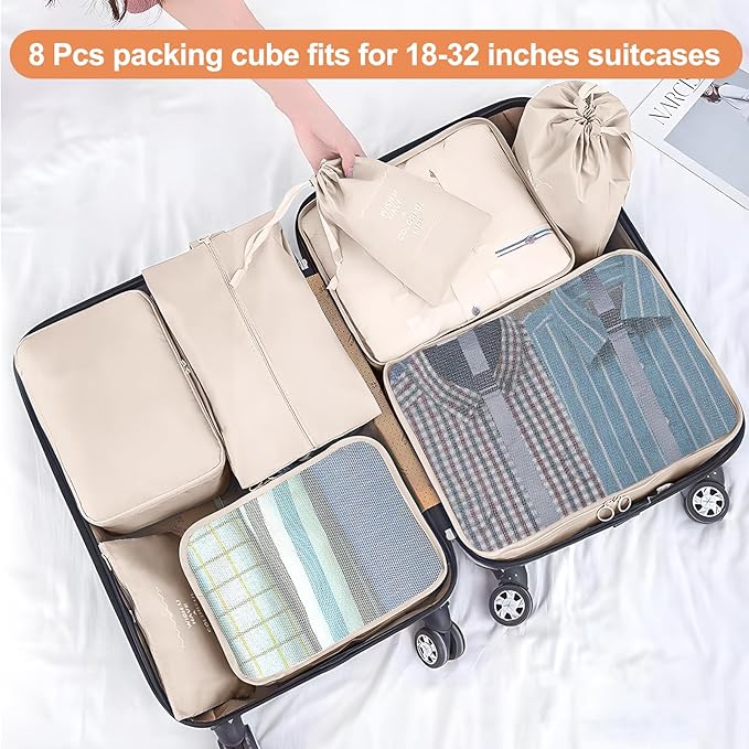Packing Cubes for Travel- 8 Set Luggage Organizer Bags for Family, Mesh Breathable Travel Packing Cubes for Suitcases Durable Travel Essentials Bags Set (Beige, 8 Set) - Image 2