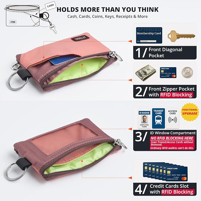 RFID Blocking Travel Wallet with Adjustable Lanyard, Small Nylon Zipper Pouch and Badge Holder for ID, Credit Cards, Cash, Keys, Commuters (CoralBlush+Mauve) - Image 6