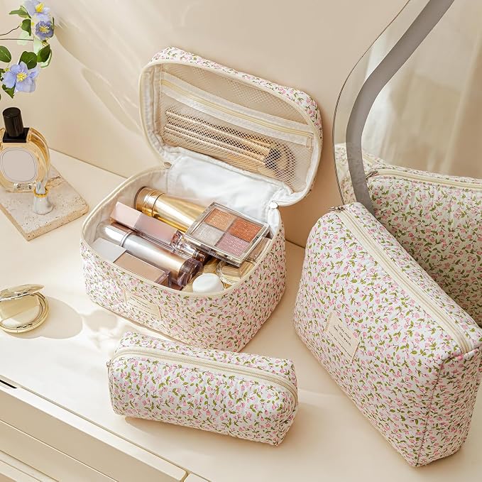 HBselect Quilted Makeup Bag, 3Pcs Cotton Large Travel Makeup Bags Organizer | Cute Floral Make up Bag Cosmetic Bag Toiletry Bag for Women Girls, Makeup Pouch for Skincare, Brushes & Travel Essentials - Image 2