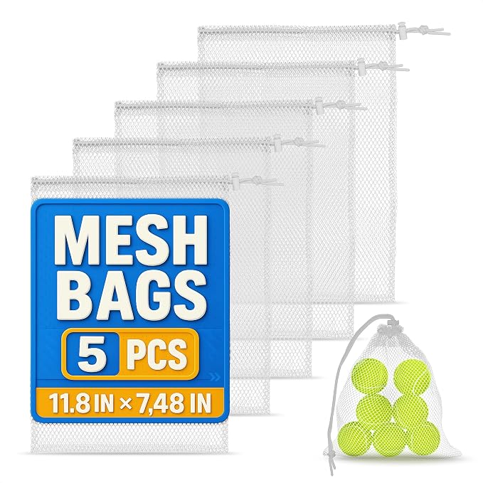 5 Pcs Small Mesh Bags with Tight Closure, 11.8 x 7.48", Nylon (White) | Mesh Laundry Bags Drawstring for Delicates; Multipurpose for Storing Balls, Clothes, Sports Gear, Beach Supplies & Travel Use by TheLittleGreenChange