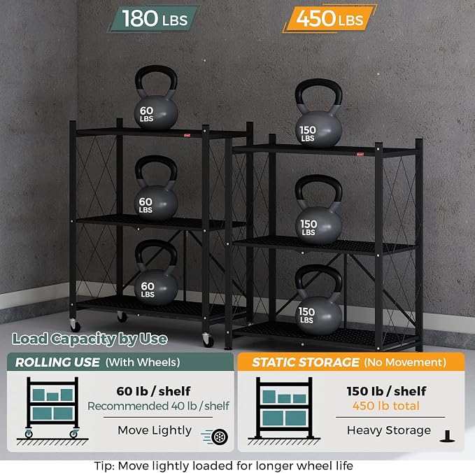 DEANIC 3 Tier Foldable Storage Shelves with Wheels, Kitchen Appliance Stand, Freestanding Metal Wire Shelf Rack, No Assembly Organizer Rolling Cart for Garage, Basement, Pantry(Black Pack of 2) - Image 7