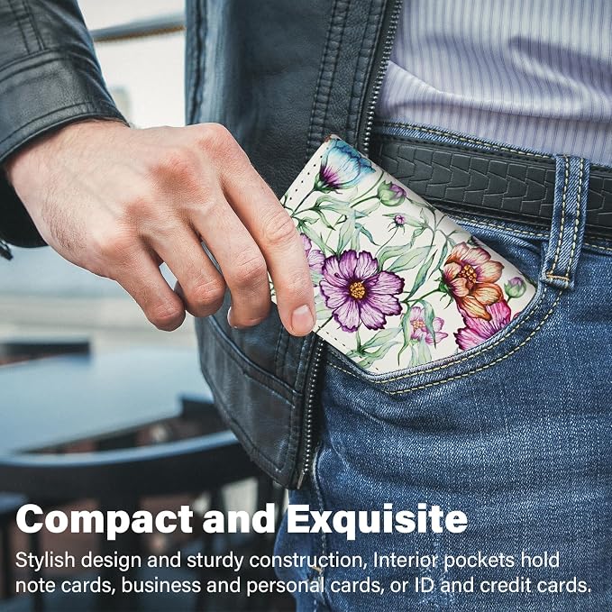 Business Card Holder，PU Leather Business Card Case Color Printing Pattern Card Holder Wallet，Pockets Magnetic Credit Card Holders for Men and Women - Colorful Daisy - Image 5