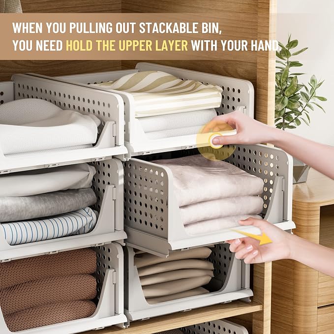 6 Pack Closet Organizer Storage Bins Stackable Plastic Drawer Shelf | Basket for Clothing Stackable Storage Bins Shelf Storage Container for Closet Wardrobe Bedroom Bathroom Office White Foldable - Image 9