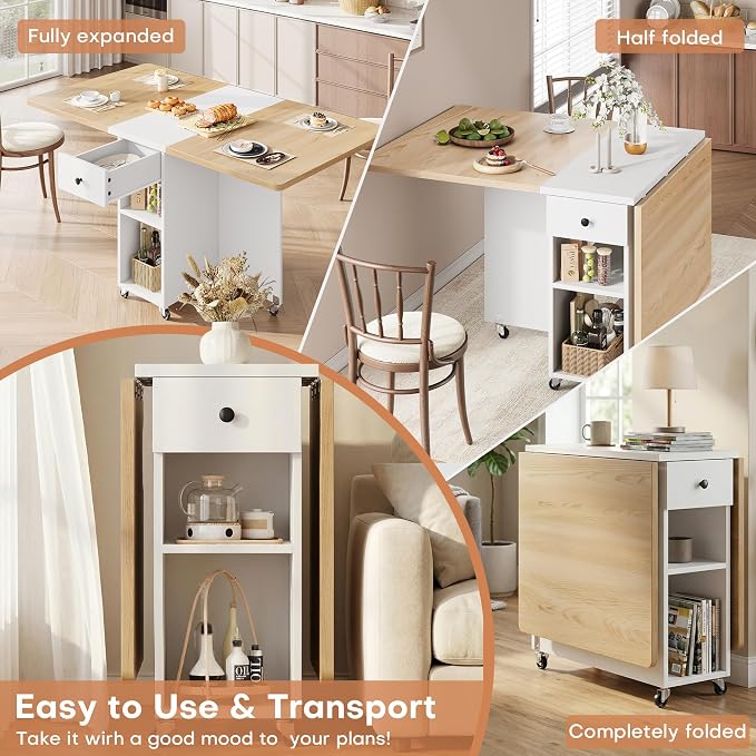 Jocoevol Space Saving Folding Dining Table for 4, Foldable Dining Table with Drawer and Storage Shelf, 6 Wheels Drop Leaf Kitchen Dining Room Table for Small Space (Natural, 47.2" x 23.6" x 29.9") - Image 4