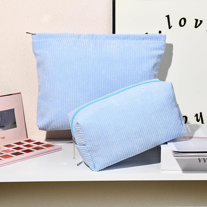 SOIDRAM 2 Pieces Makeup Bag Large Corduroy Cosmetic Bag Capacity Canvas Mix Travel Toiletry Bag Organizer Cute Makeup Brushes Aesthetic Accessories Storage Bag for Women, Corduroy Mix Blue - Image 6