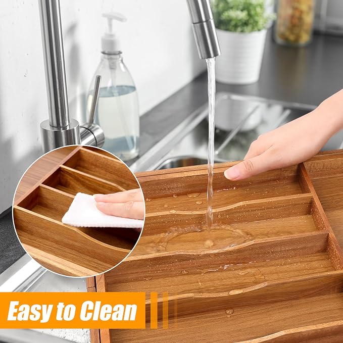 Bellsal Large Premium Acacia Wood Silverware Organizer - Expandable Utensil Drawer Organizer - 17"x19.6" Utensil Holder and Cutlery Tray with Grooved for Kitchen Flatware Utensils(7-9 Slot, Acacia) - Image 6
