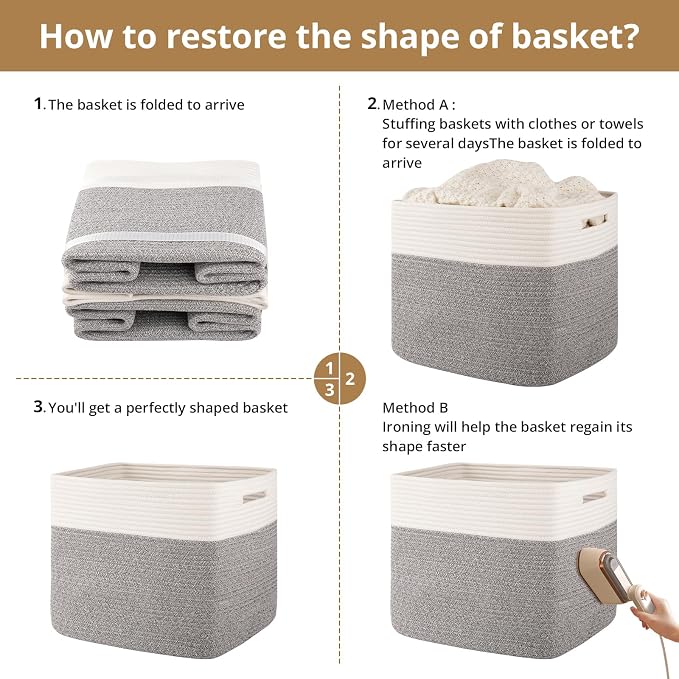 OIAHOMY Cotton Rope Woven Baskets for Organizing 3-Pack 13x15x12.6IN Closet Storage Bins for Clothes Rectangular Storage Baskets for Kids Toy Bins, Living Room Baby Nursery - White & Grey - Image 7