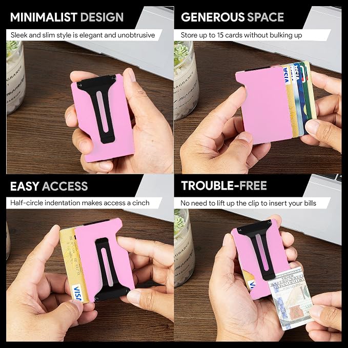 Minimalist Wallet for Men, Slim Metal RFID Blocking Wallet Credit Card Holder Money Clip & Cash Strap, Scratch-Resistant Holds 15 Cards,Ideal Gift for Men | Matte Pink - Image 5
