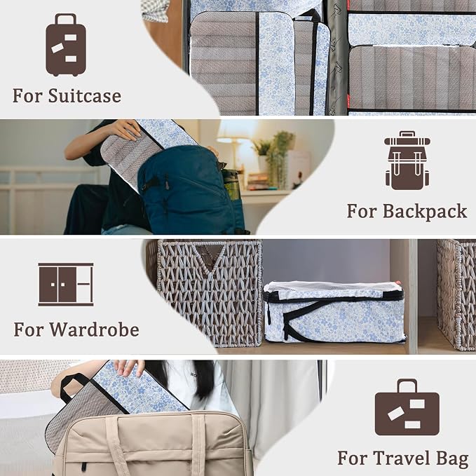 U+U 6 Set Compression Packing Cubes, Travel Organizers (Blue Flower) | Space-Saving & Drawstring Bag Included - Image 8