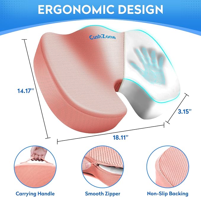 CushZone Memory Foam Seat Cushion for Office, Car & Wheelchair, Pink | U-shaped Coccyx Cutout, Contoured Design, Breathable Removable Mesh Cover, Non-Slip Base, Carry Handle - Image 4
